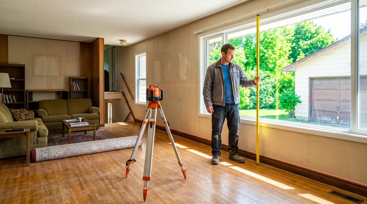 A worker holding a level staff against the interior wall of an empty room while a rotary laser on a tripod throws a line across the baseboard, taking floor elevations inside an ordinary house.
